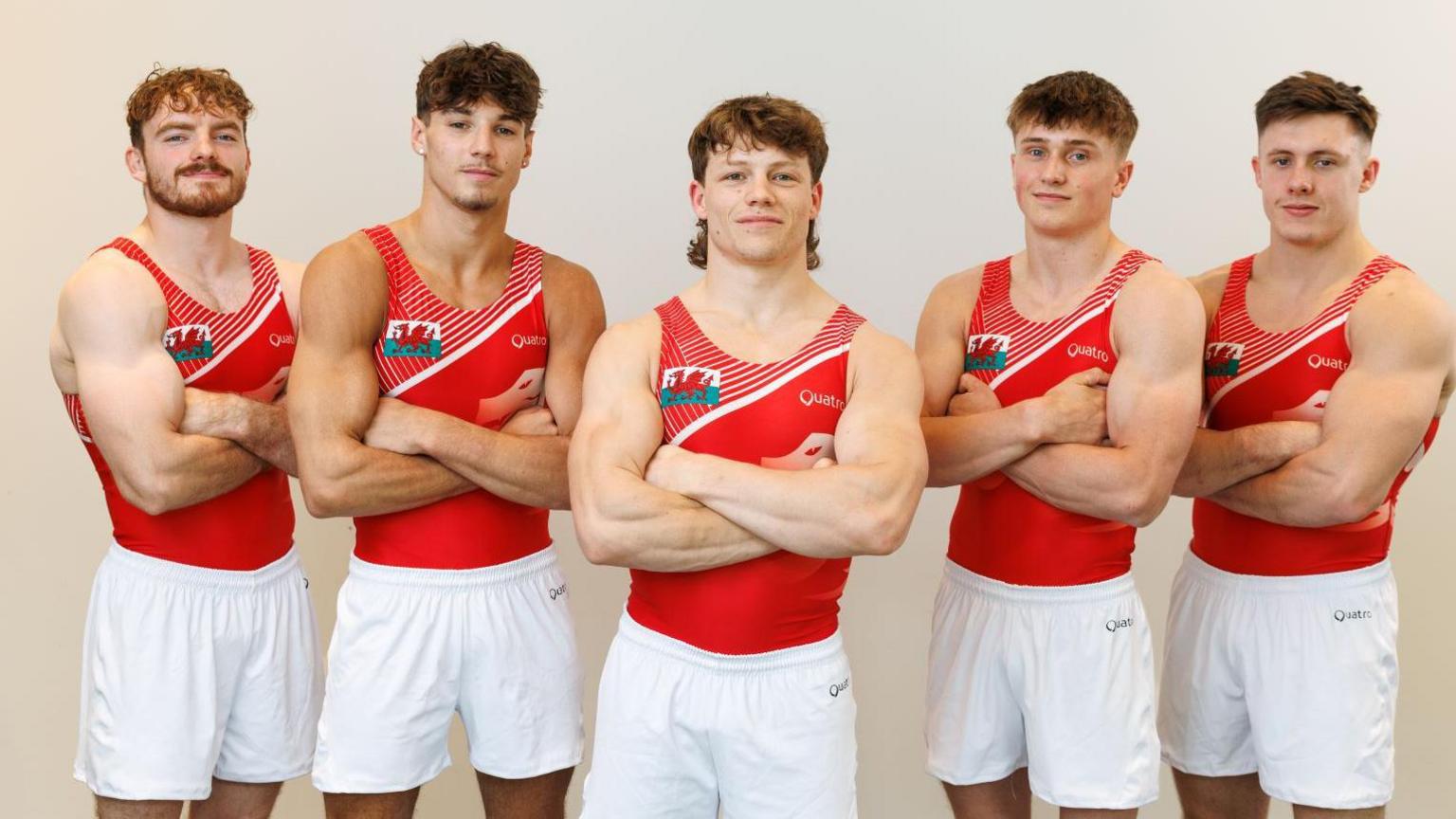 Team Wales gymnasts Jacob Edwards, Joe Cemlyn-Jones, Elliot Vernon, Henry Lewis and Alexander Niscoveanu.