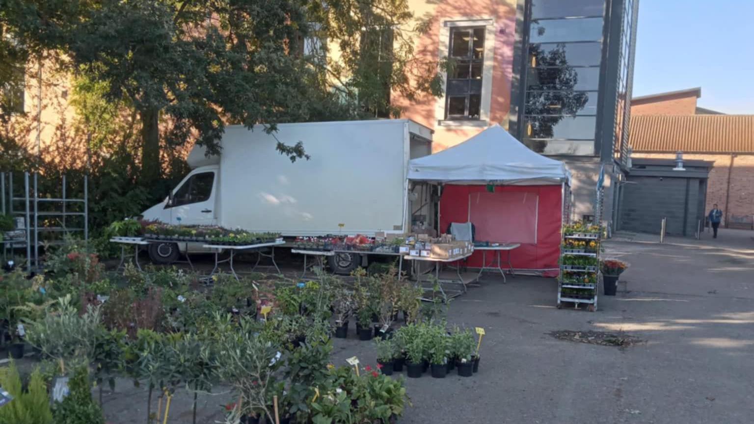 A white van with an awning at the back in a car park next to trees and a building. Rows of plants are dotted in front of the van