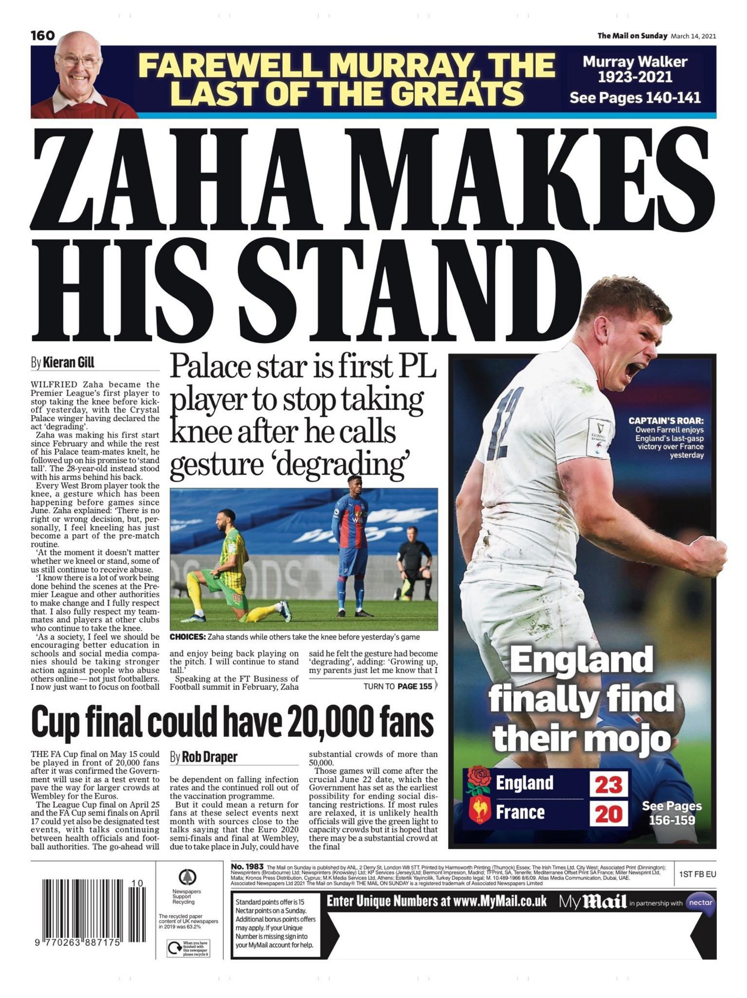 The back page of the Mail on Sunday