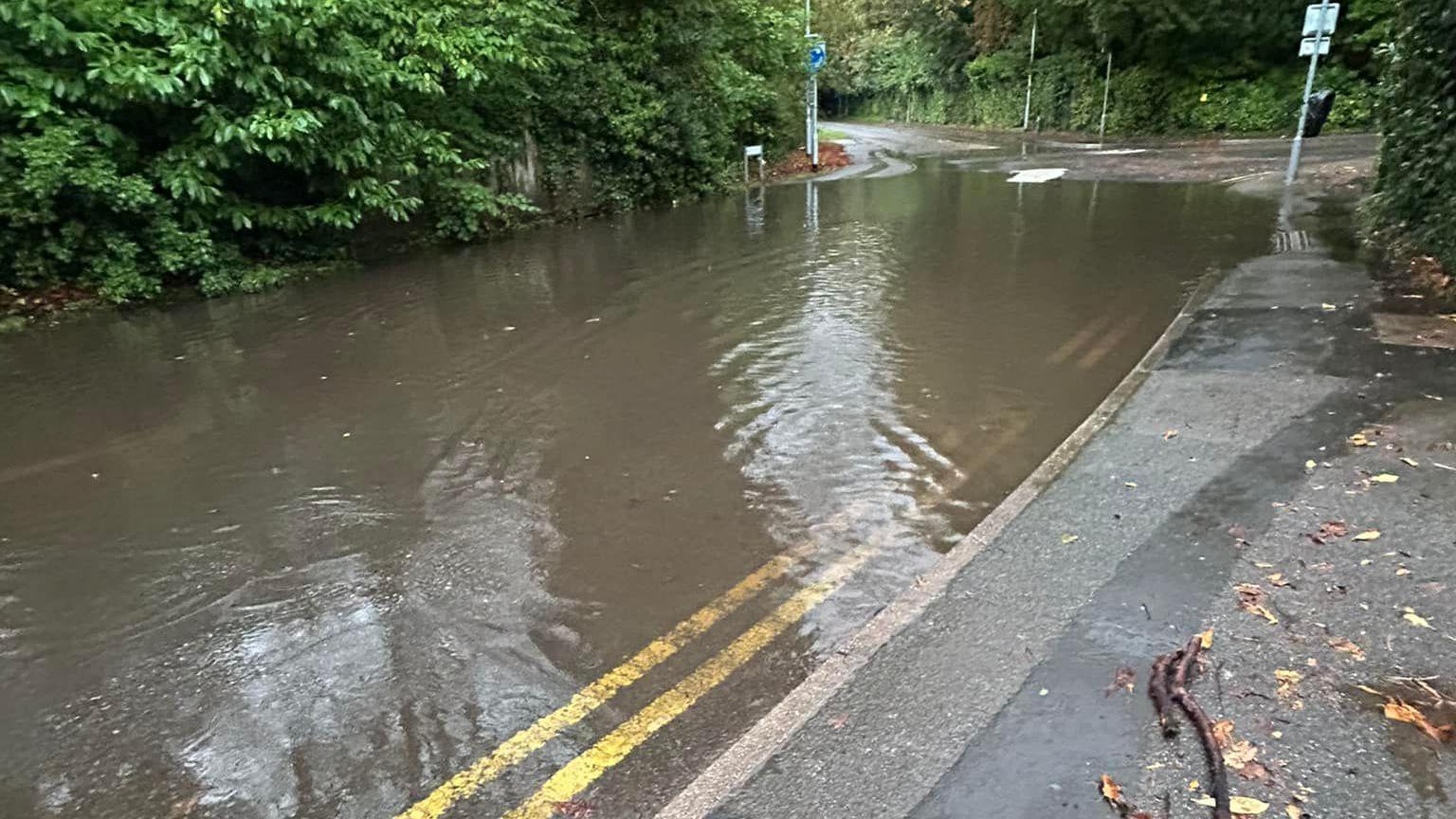 A flooded road near a small roundabout. There are green bushes on one side. The water looks to be a couple of inches deep.