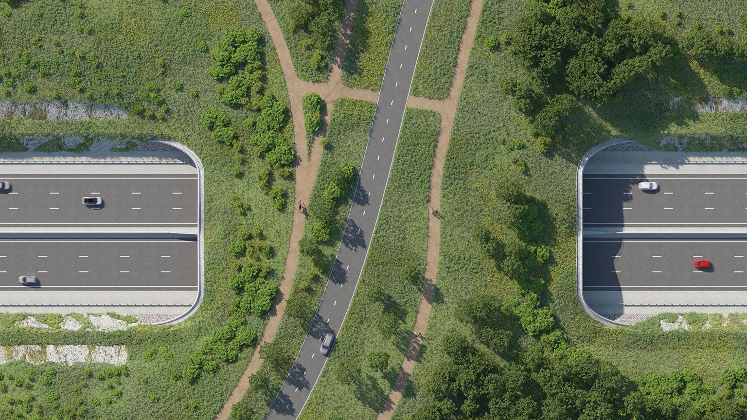 New images of the proposed Lower Thames Crossing released by the Lower Thames Crossing Project. An aerial view shows cars driving either side of a tunnel with a single lane road on top of the tunnel, with green grass and trees on top.