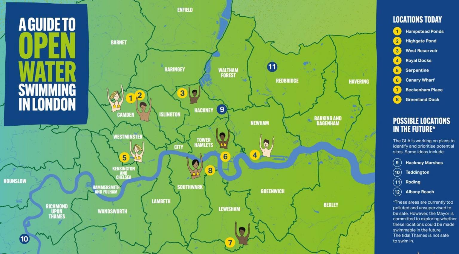 Map of London showing safe swimming spots