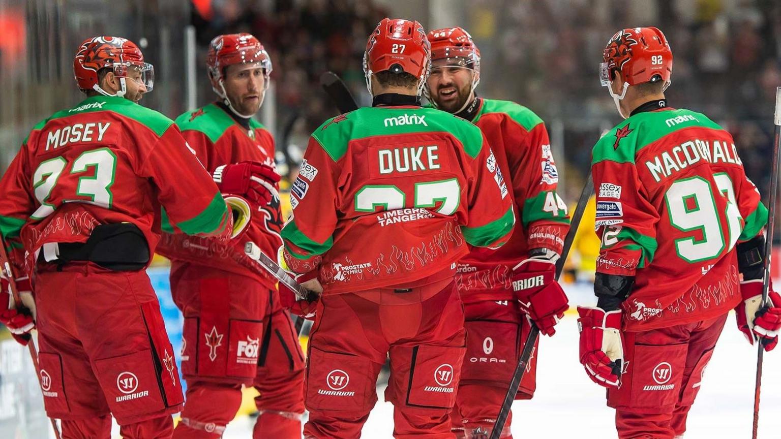 Cardiff Devils players celebrate scoring a goal against Herlev Eagles