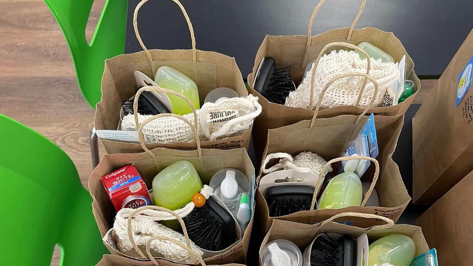 Hygiene kits in brown bags