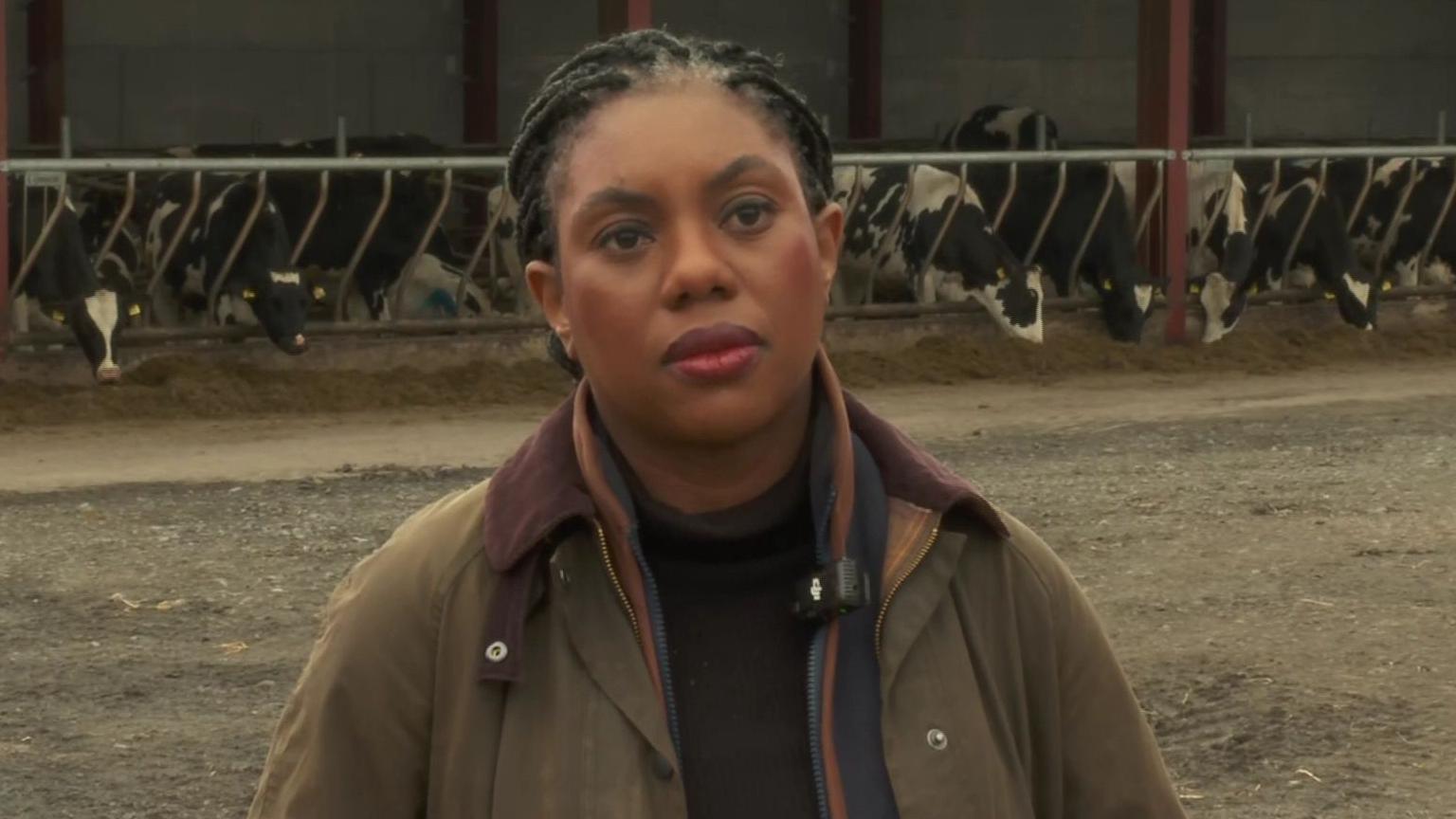 Kemi has her hair tied back. There are cows visible in a cow barn on her right. She is wearing a brown barner and a black top. She has two mics in front of her and is looking at her interviewer who is not in shot. 