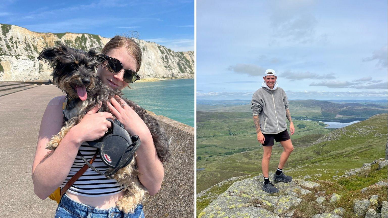Sophie O'Sheen holding a dog in front of the sea and Ed Shirt standing on a mountain with a view behind him