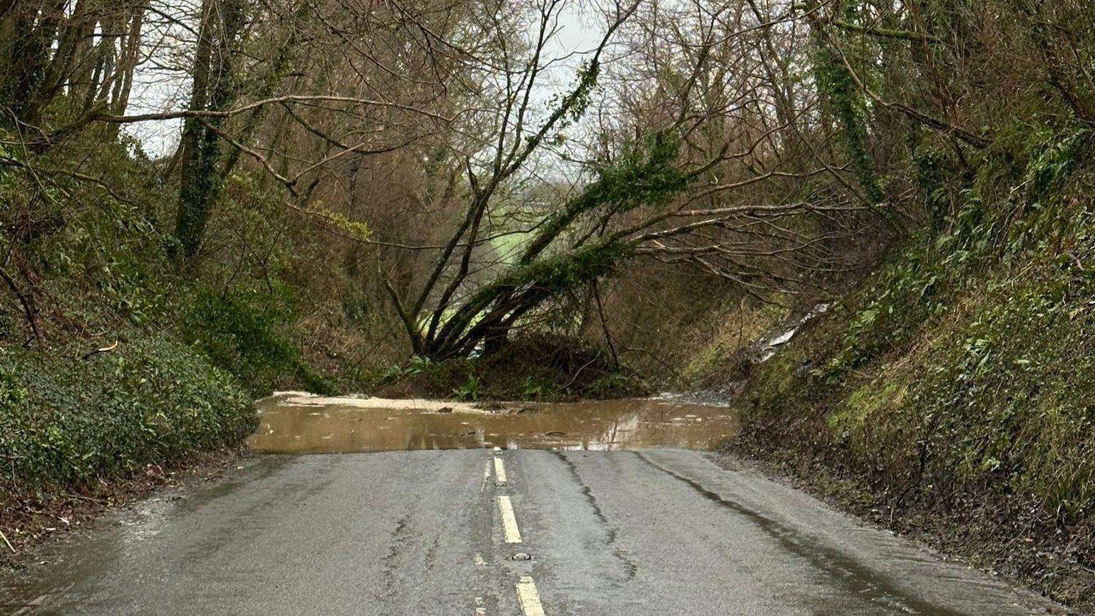 Handout photo of a landslide on a road between Tavistock and Lamerton in west Devon. 