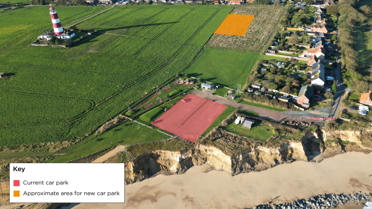 An aerial view of the current car park. It is on the cliff edge and is highlighted pink. The new site is further back, and highlighted orange. Happisburgh Lighthouse is on the left, set back from the sea.