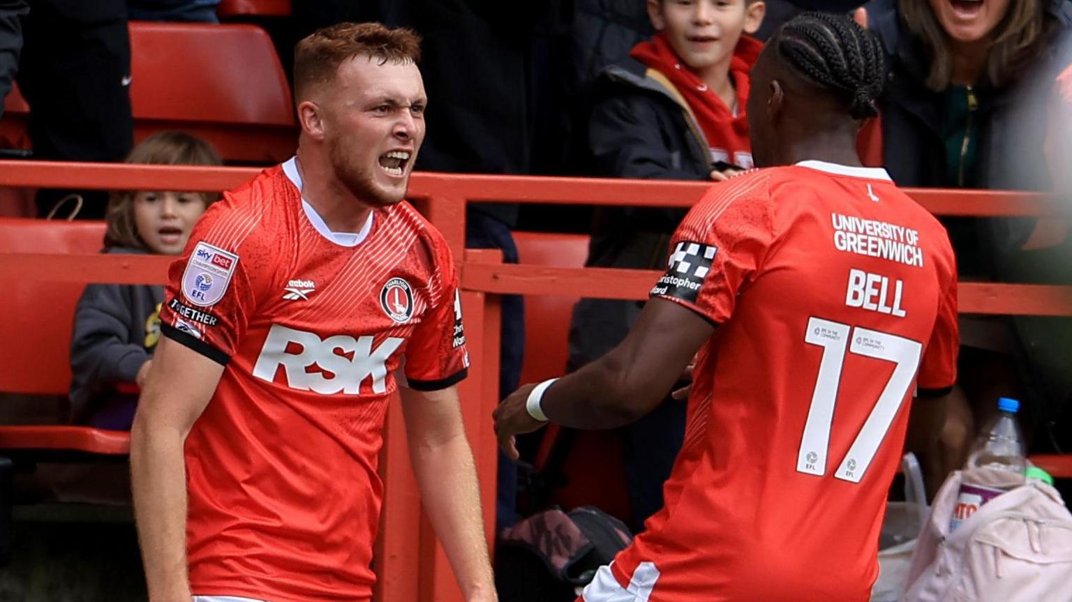 Sonny Carey celebrates after scoring for Charlton Athletic with team-mate Amari'i Bell
