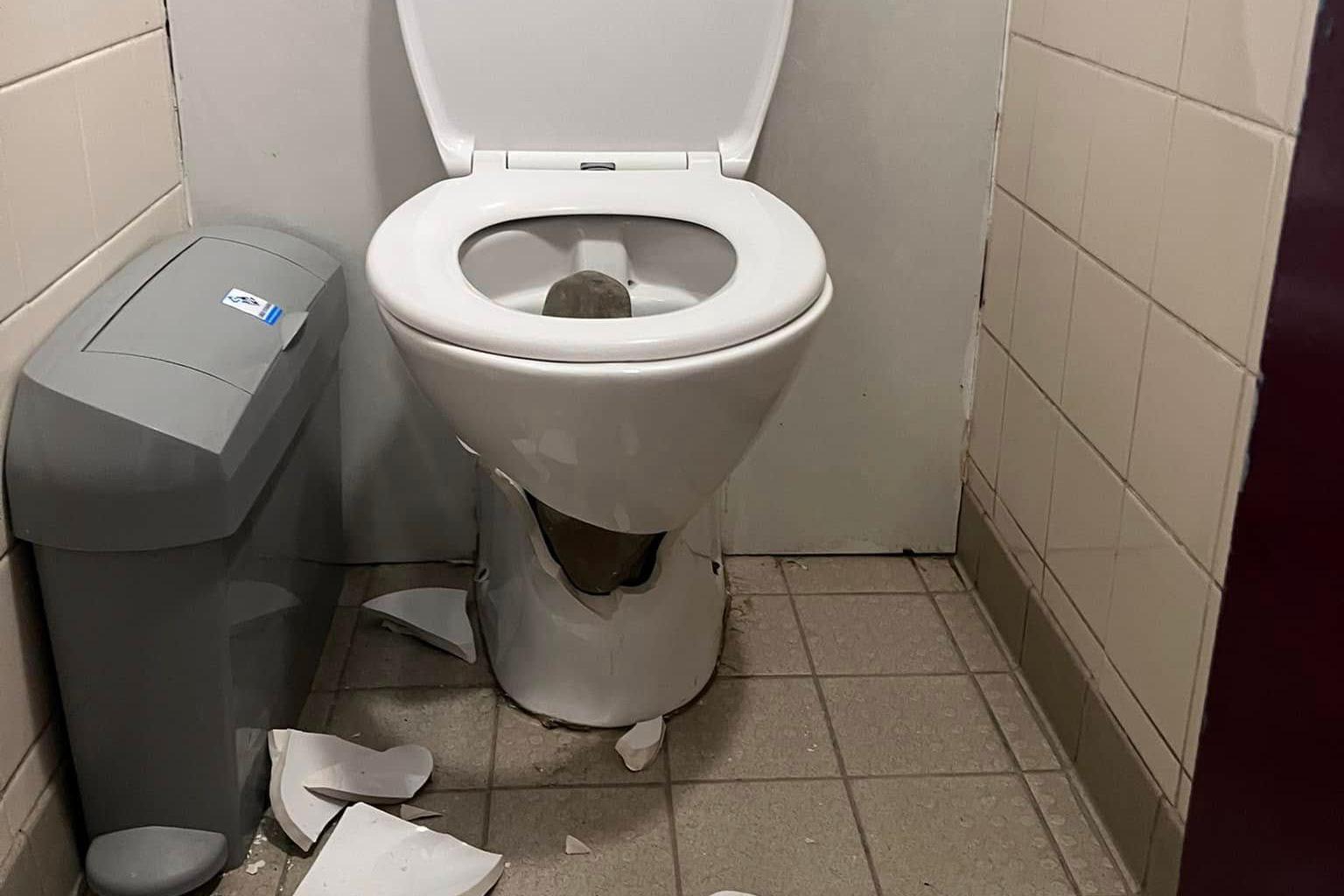 A broken toilet pan in a small tiled public toilet. Large pieces of the broken pan are on the floor along with smaller shards.