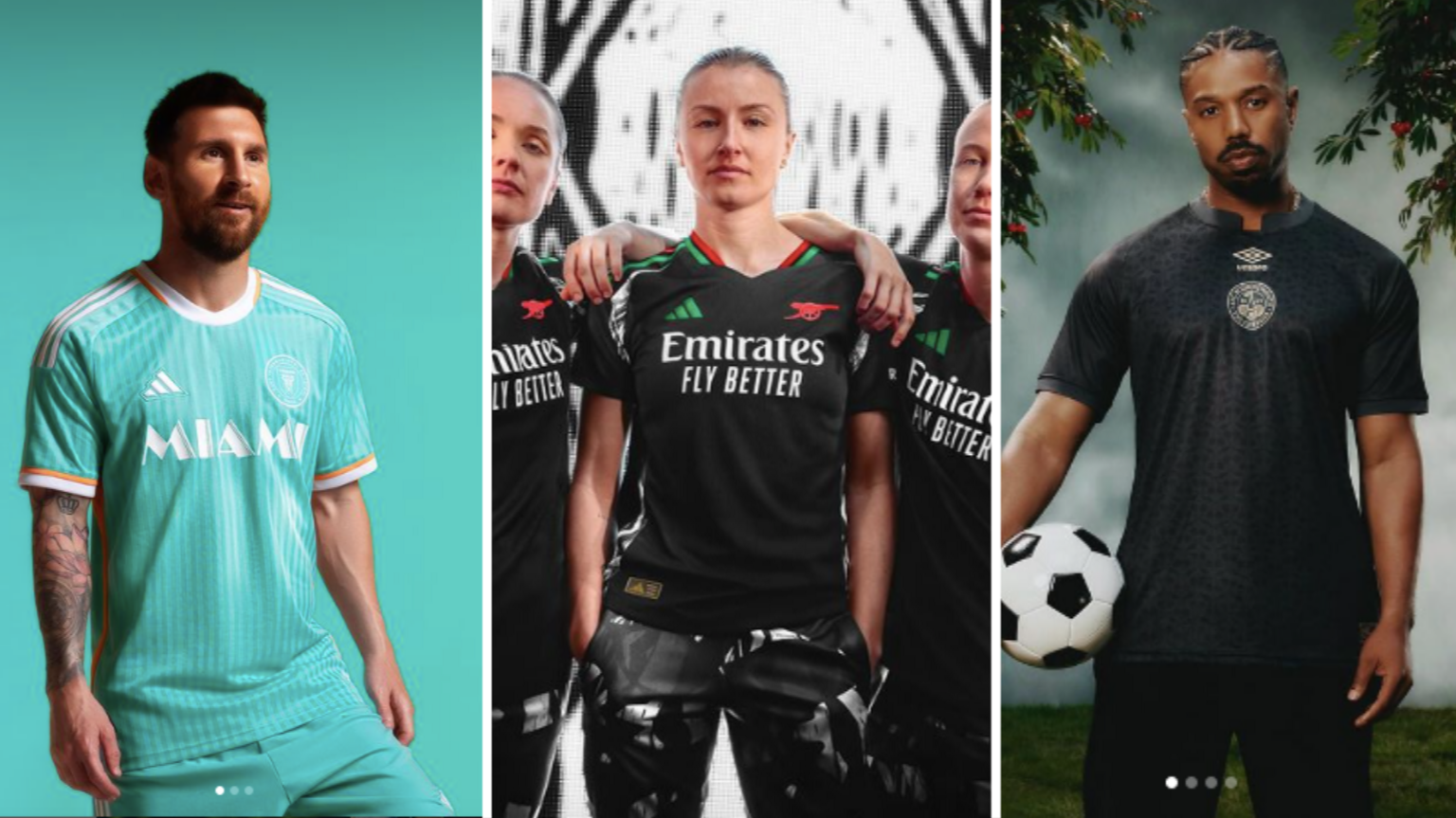 Lionel Messi in new Inter Miami third kit, Kim Little, Leah Williamson and Beth Mead in new Arsenal away kit and Michael B Jordan in special edition Bournemouth kit.