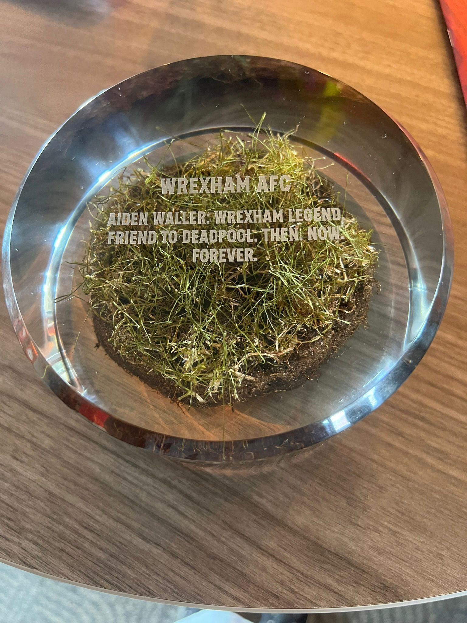 The circular turf glass plaque, which reads: "Wrexham AFC: Aiden Walker. Wrexham Legend. Friend to Deadpool. Then. Now. Forever."