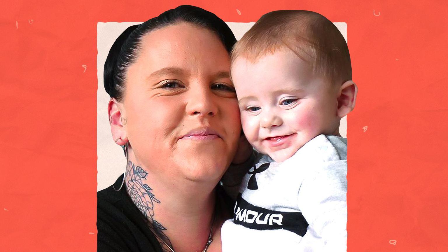 Kayleigh, a woman with dark hair and hoop earrings, sits on a sofa holding her baby. Kayleigh is looking into the camera and they are both smiling.