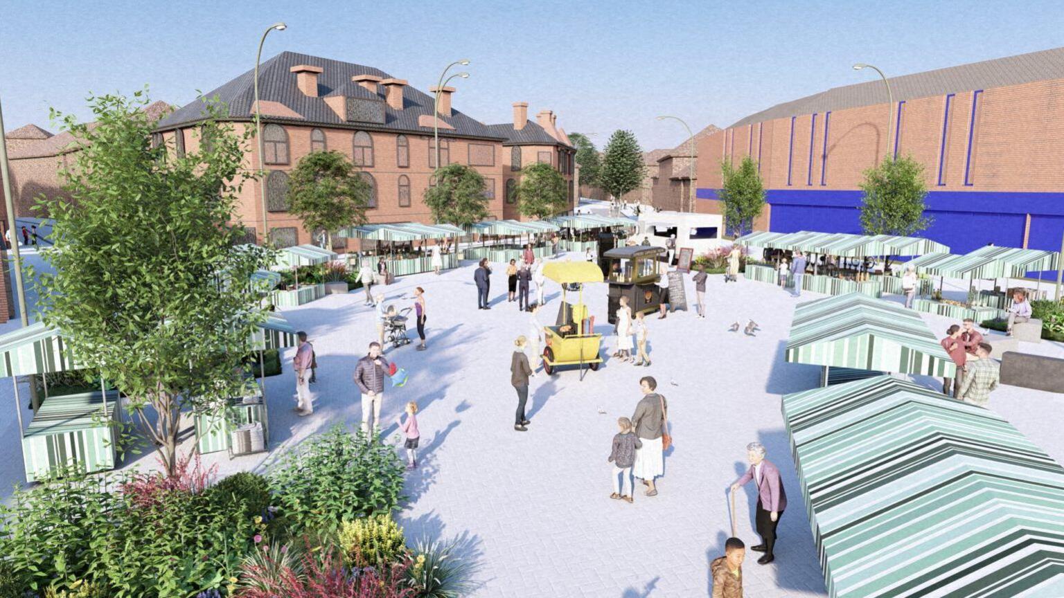 Artist impression of proposed Bulwell marketplace, shows multiple bustling stalls surrounded by plants with many people. 