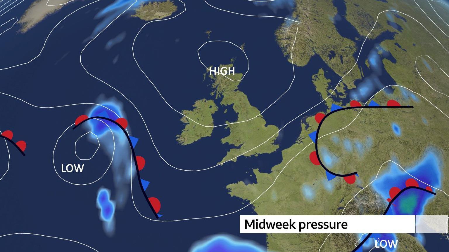 Map of north-west Europe showing high pressure over the north of the UK, and low pressure to the west