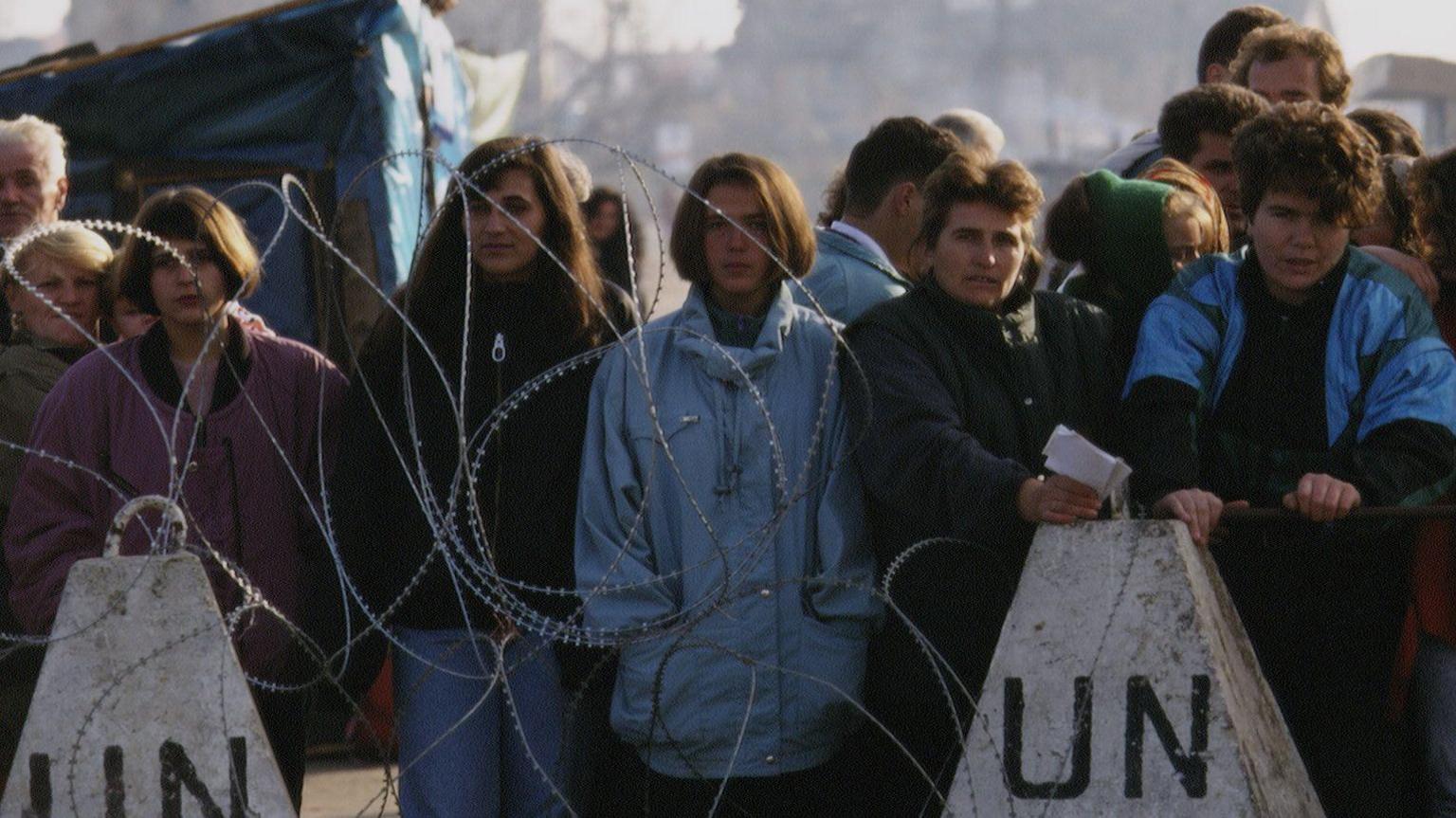 A group of refugees from Bihac at a United Nations post.