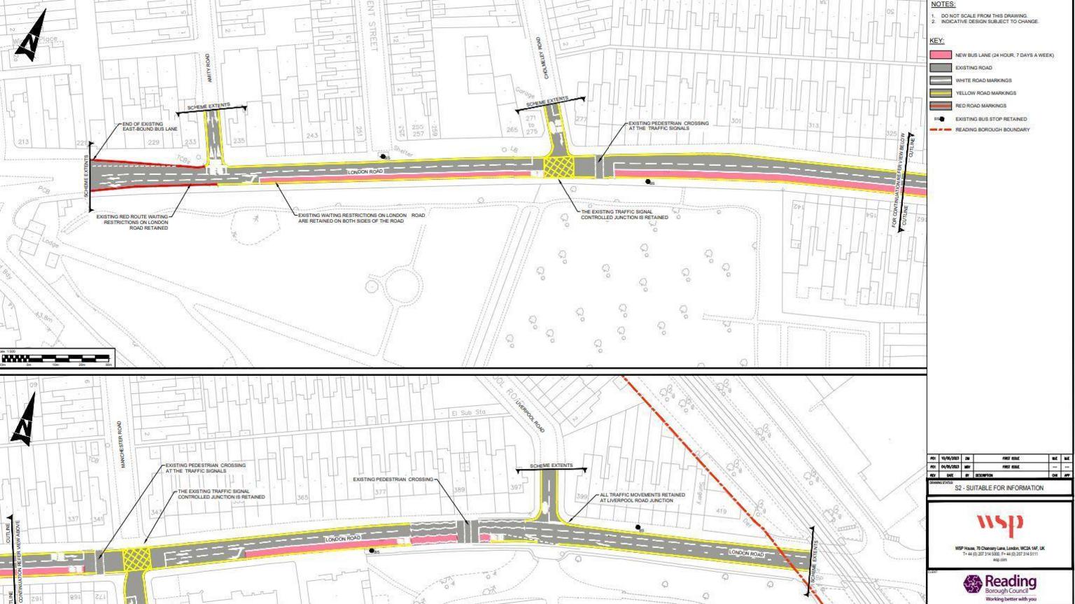 A planning image from the proposals to make one of the existing traffic lanes in London Road in Reading into a bus lane