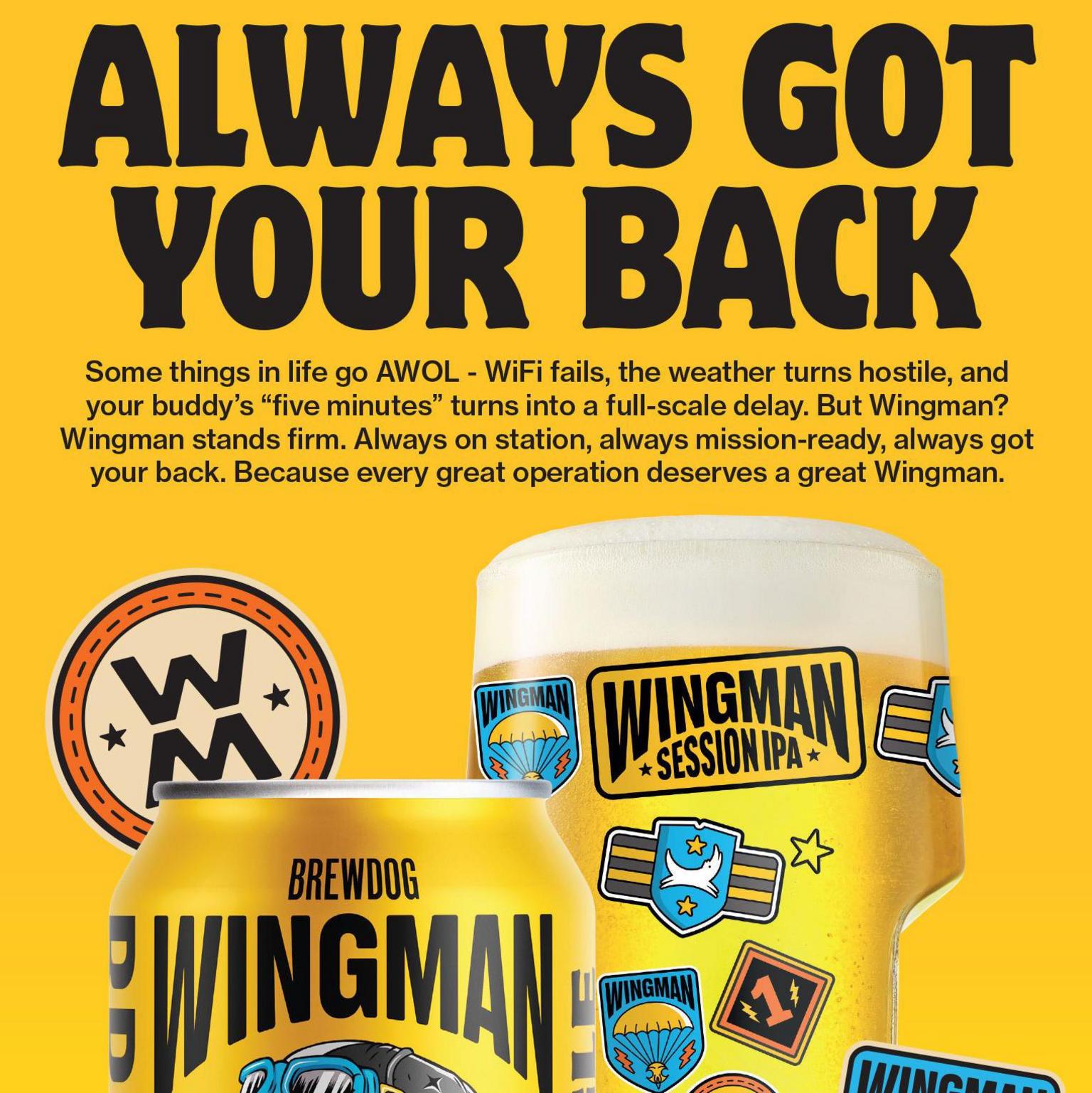 Bright yellow advert for Wingman Session IPA, featuring a cartoon image of a vivid blue eagle wearing a flight helmet with goggles and a flight jacket