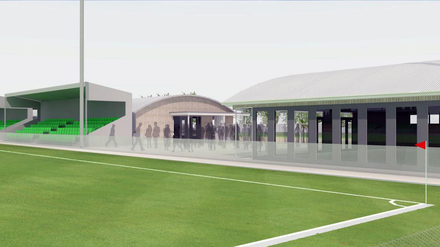 Graphic of new facility from pitch including stadium seating