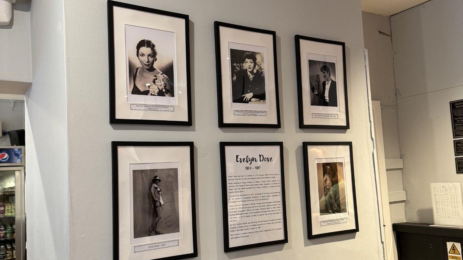 Six black rimmed photo frames. Five of them have black and white photographs of Evelyn Dove, a glamourous woman often photographed with slick back hair. The middle bottom frame has information on Ms Dove. 