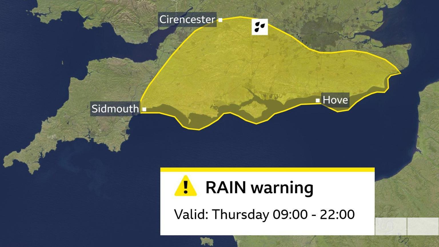 An image of the yellow warning area covering southern England
