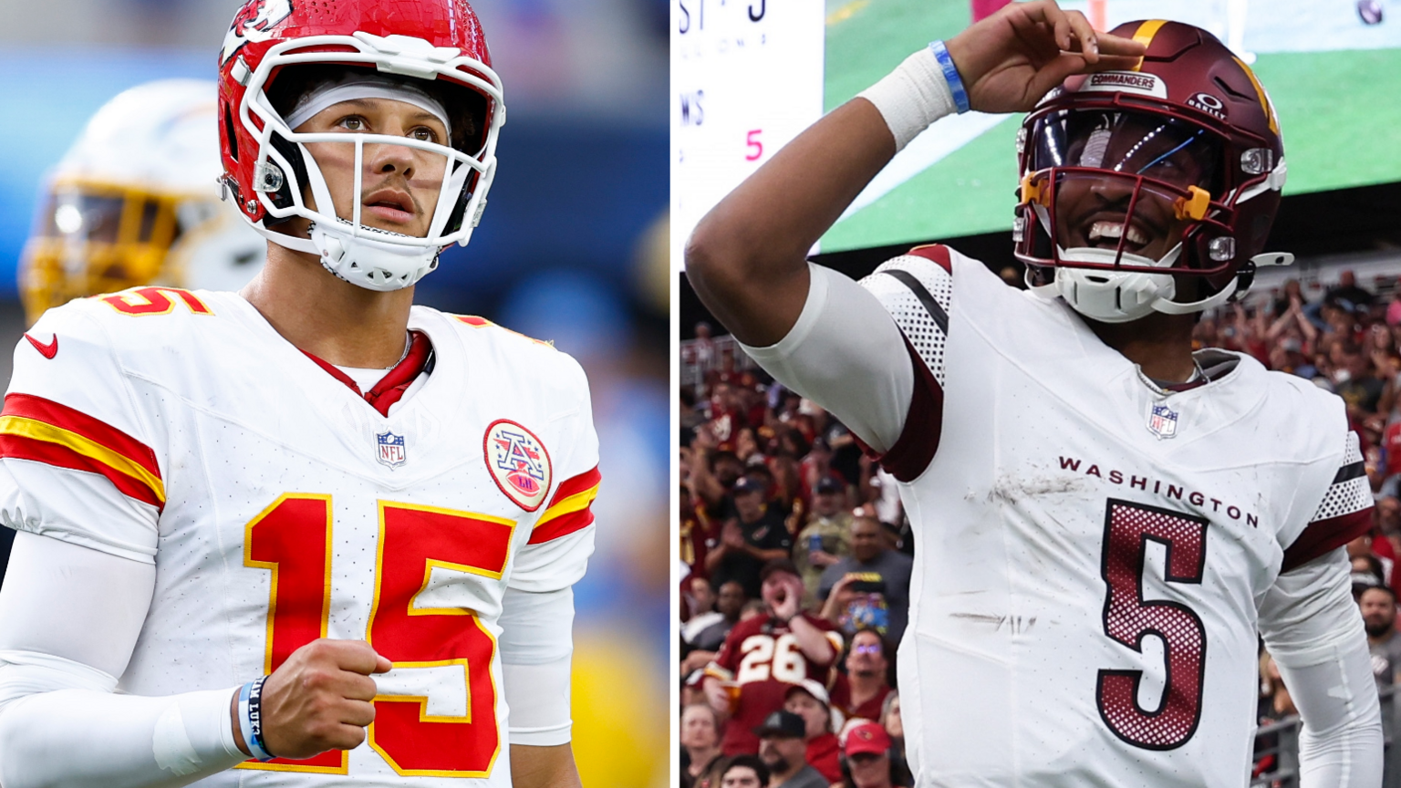 Kansas City Chiefs backmost Patrick Mahomes and Washington Commanders backmost Jayden Daniels (R)