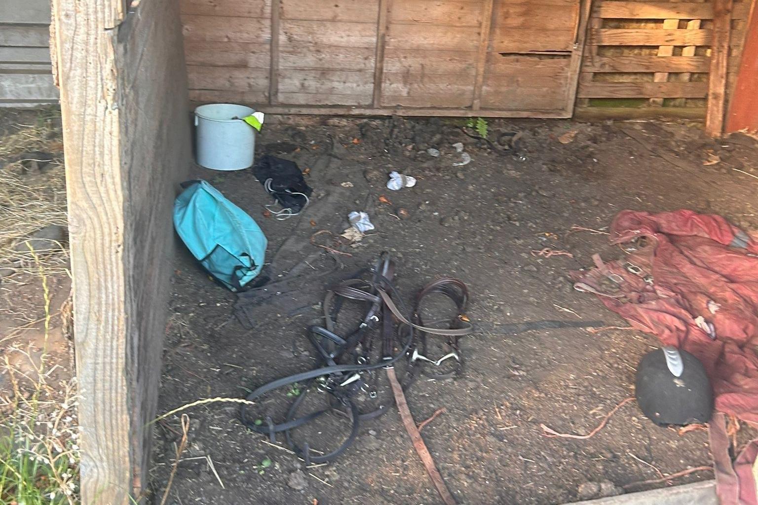 The interior of a derelict shed with old blankets and reigns lying on the ground