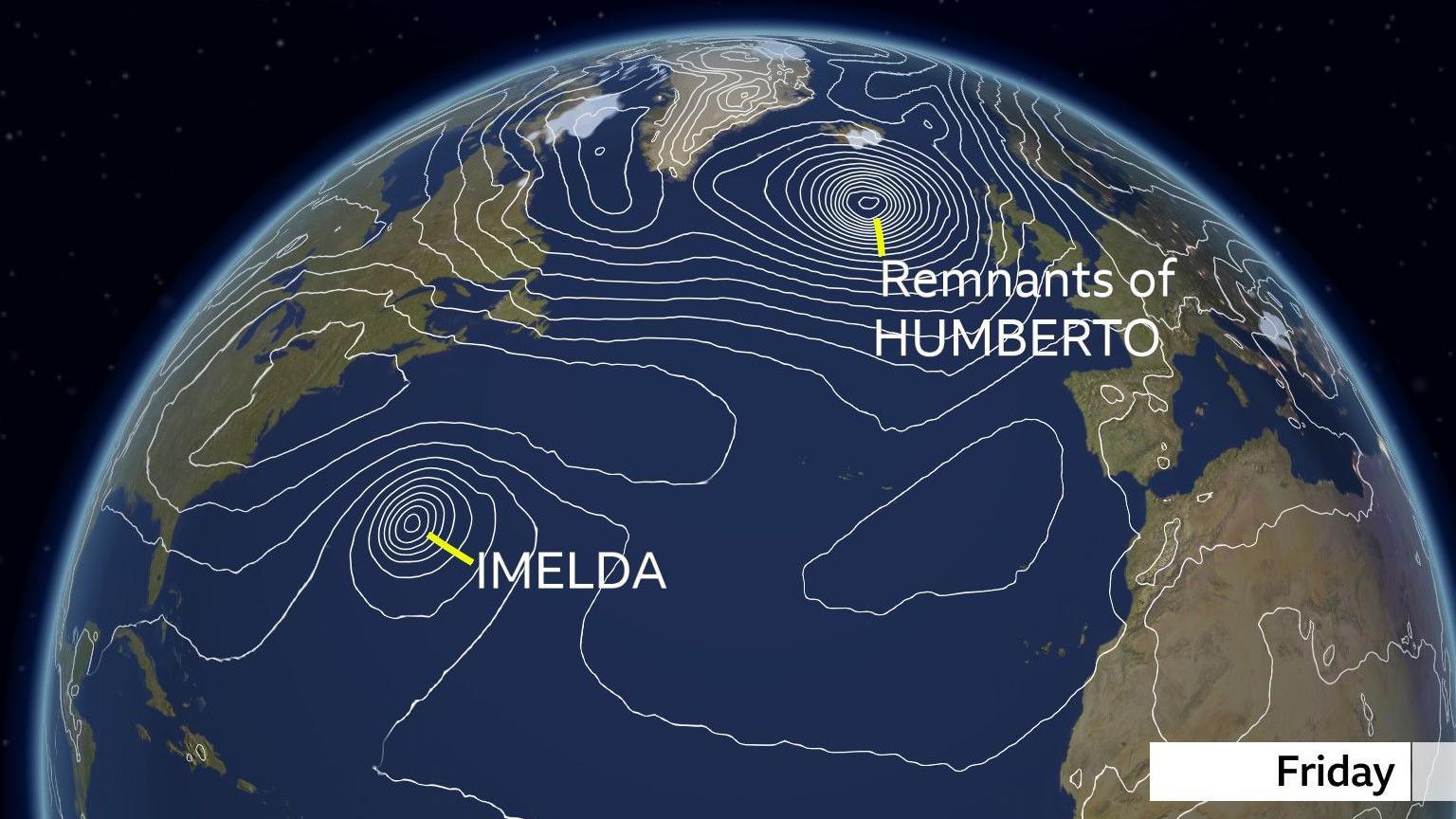 Forecast pressure map of the North Atlantic on Friday showing centre of Imelda near to Bermuda and remnants of Humberto approaching the northwest of the UK