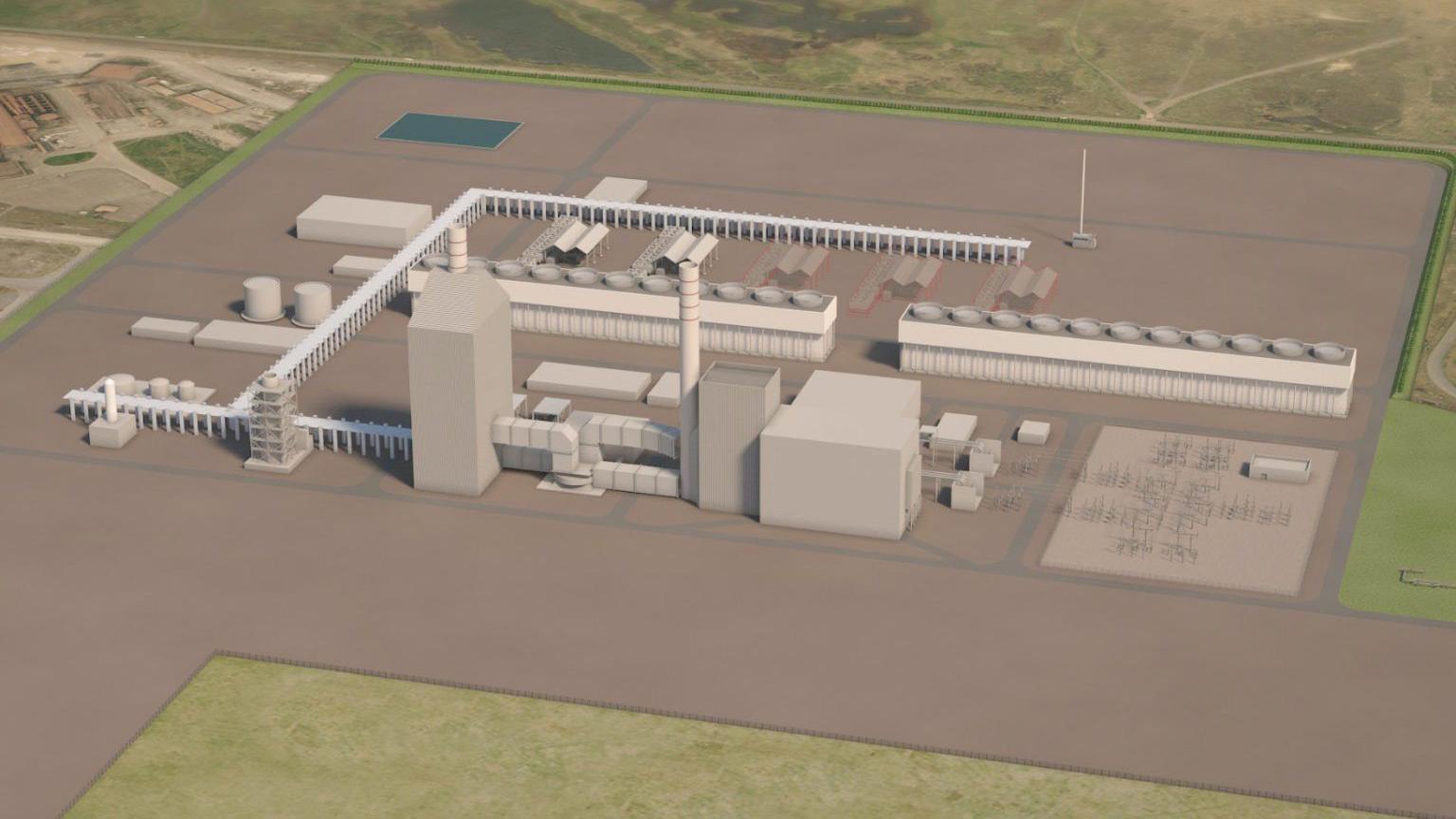 An artist's rendition of the design of the Net Zero Teesside project building. It is a 3D computer-generated image of the basic building shapes.