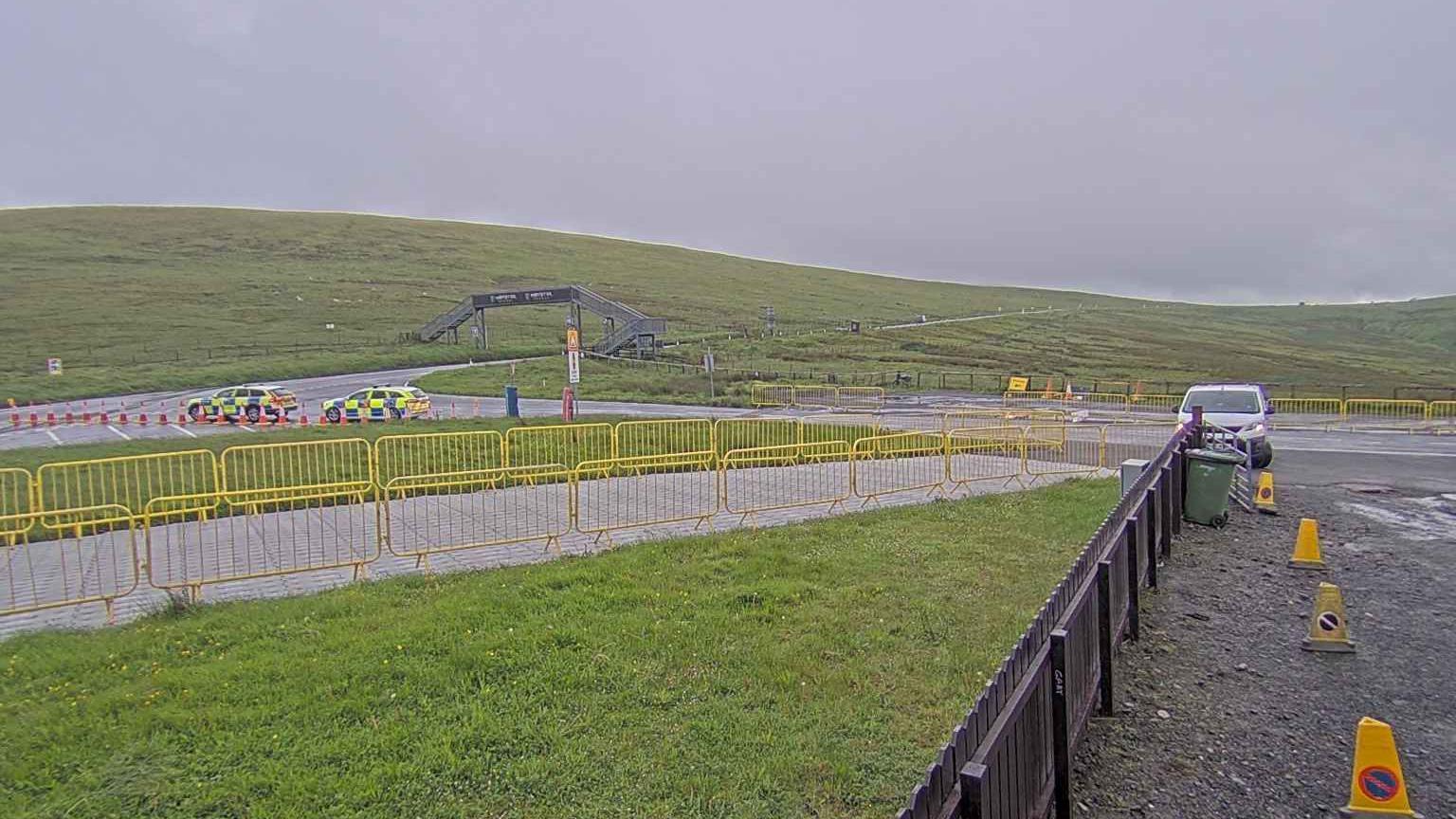 Mountain Road on the Isle of Man with police cones in the foreground