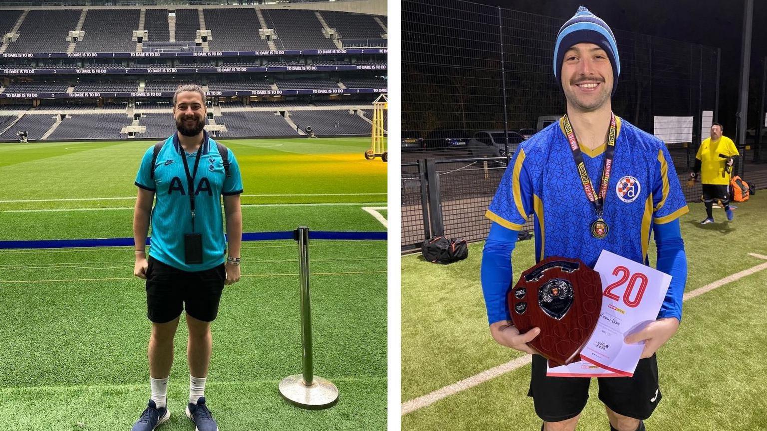 A before and after photo collage of Kieran Duke showing his weight loss. The picture on the left is the before shot. It shows Kieran standing beside a football pitch. The photo on the right shows a slimmer Kieran smiling and holding a trophy and a certificate. He is smiling directly at the camera in both photographs.