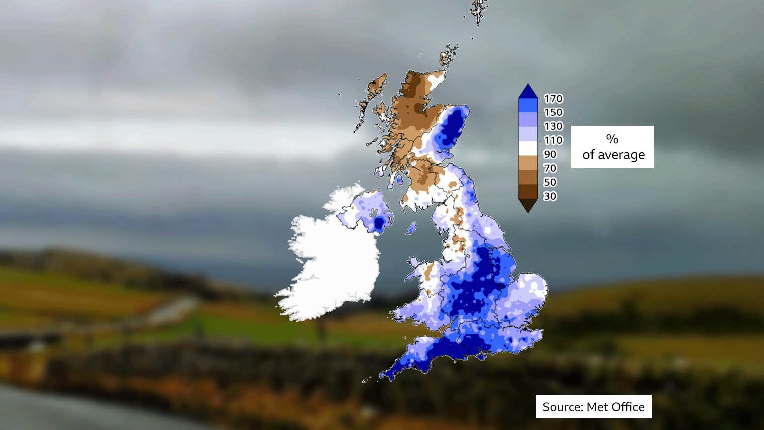 Map of UK showing rainfall - percentage of average. Deep blue colours show exceptionally wet weather in parts of southern England, Eastern Scotland and the east of Northern Ireland. Brown hues pick out drier places such as north-west Scotland as well as north-western parts of England and Wales