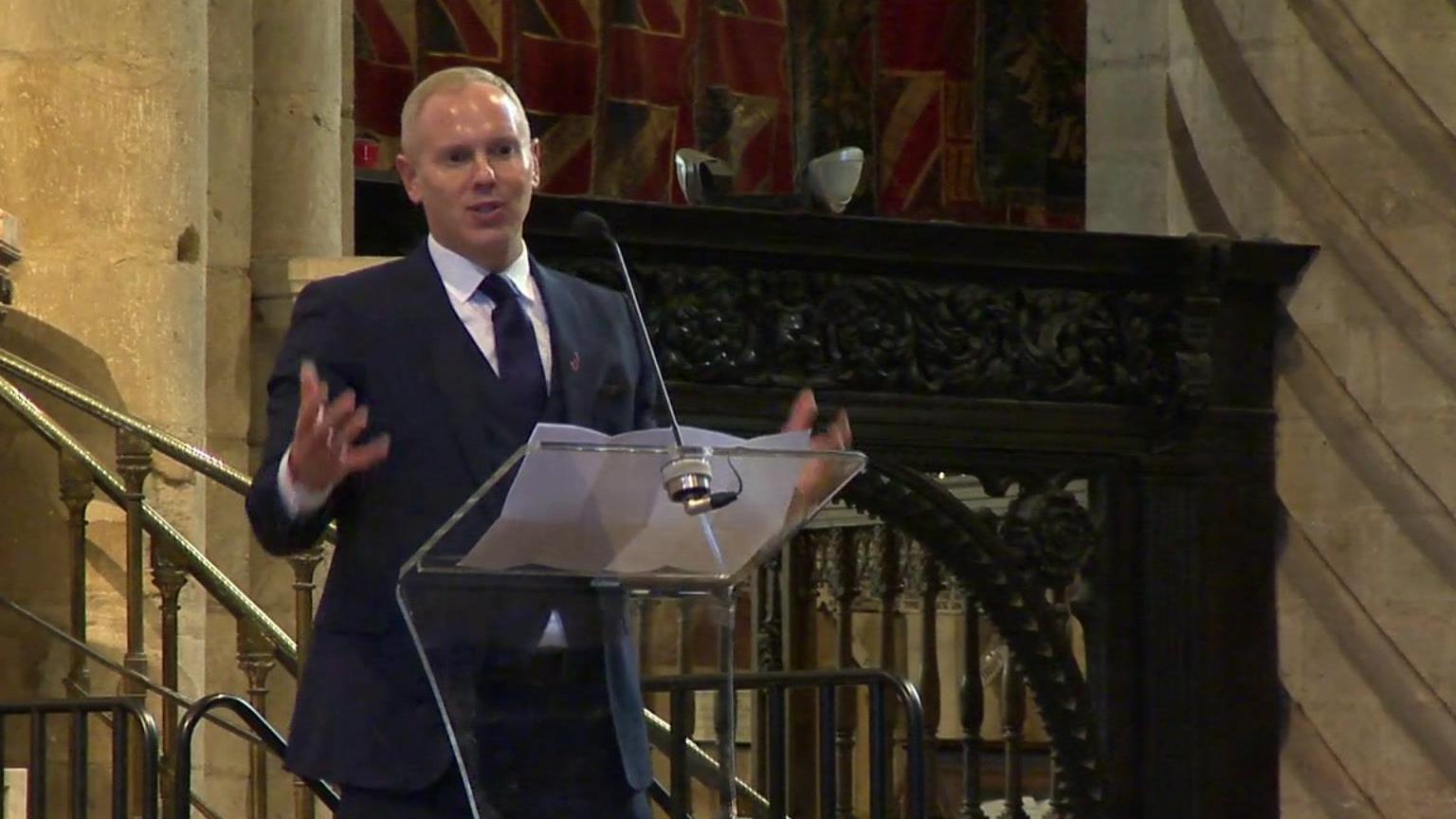 Rob Rinder speaking at Durham Cathedral