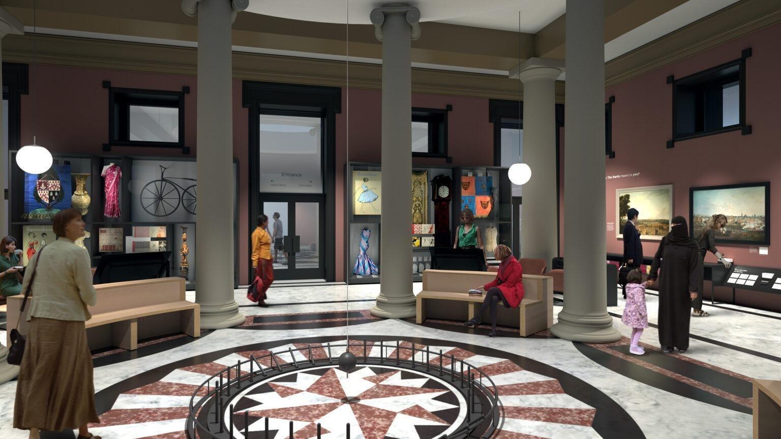Artist's impression of the inside of the Harris museum following a £19.2m refurbishment, showing visitors having a look at the artworks and displays.