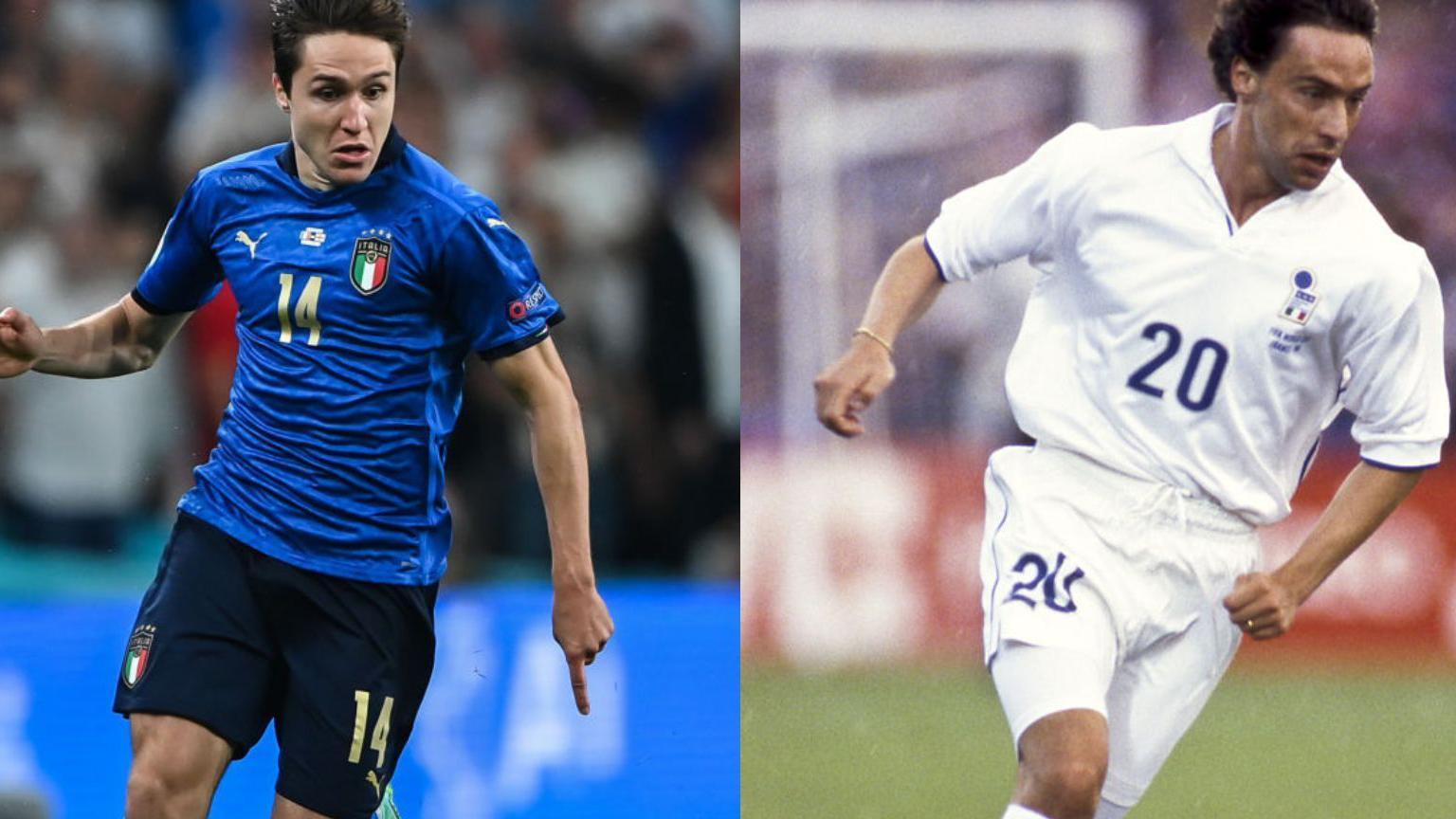 Federico Chiesa (left) playing in Italian blue against England in the 2020 Euros final. Enrico Chiesa (right) playing in white for the Italian national team