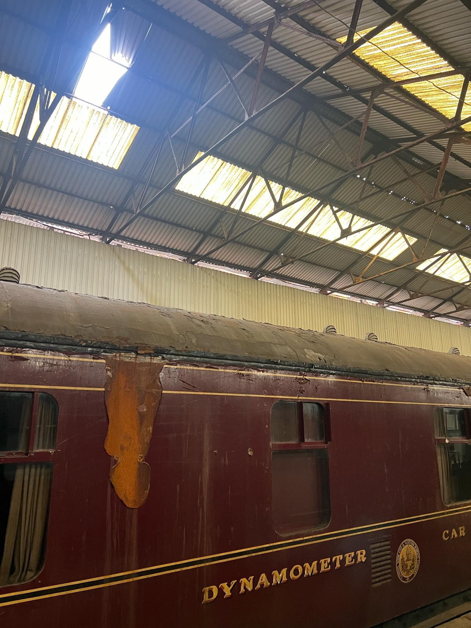 A rail car showing signs of water damage