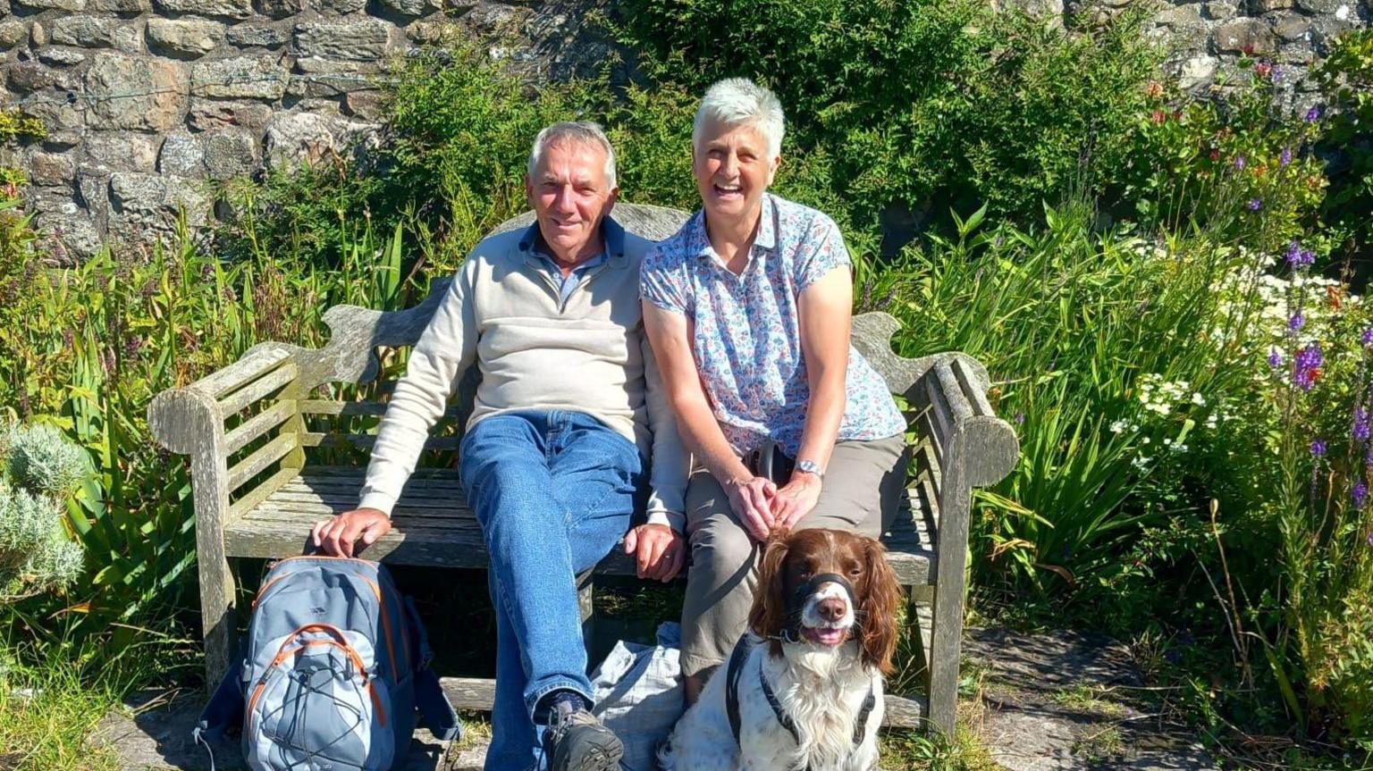 A couple sitting on a bench surrounded by flowers with a lovely springer spaniel sitting at their feet.