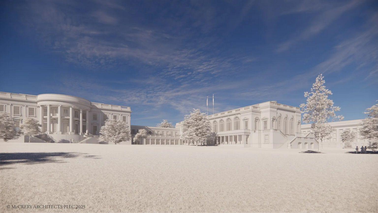 A rendering shows what the White House and the new East Wing would look like after renovations