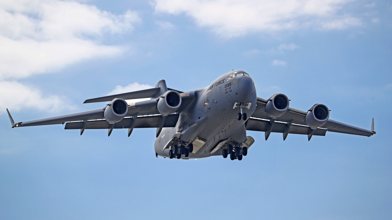 A Boeing C-17 Globemaster III flying in the sky