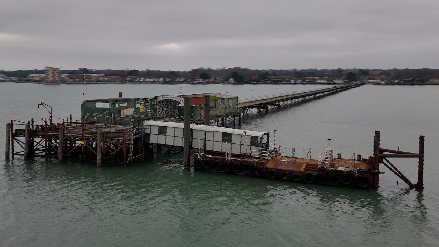 Picture shows aerial shot of the end of Hythe pier, with the pontoon and landing area. 