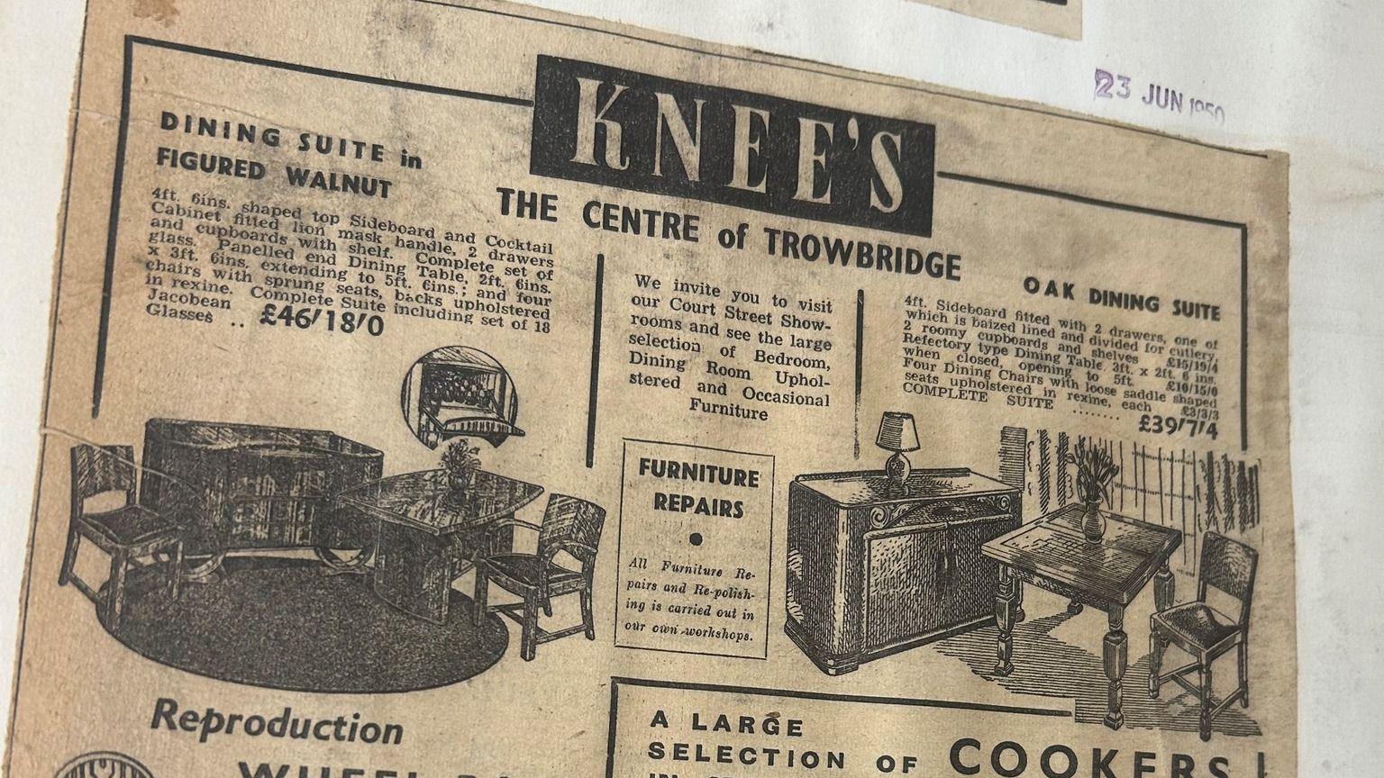 Old newspaper article with furniture such as chairs and tables. Text reads 'Knee's, the centre of Trowbridge' and includes various prices.