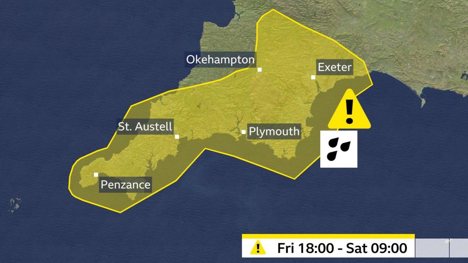 A map showing the area covered by the Met Office yellow warning for rain - including most of Cornwall and Devon.