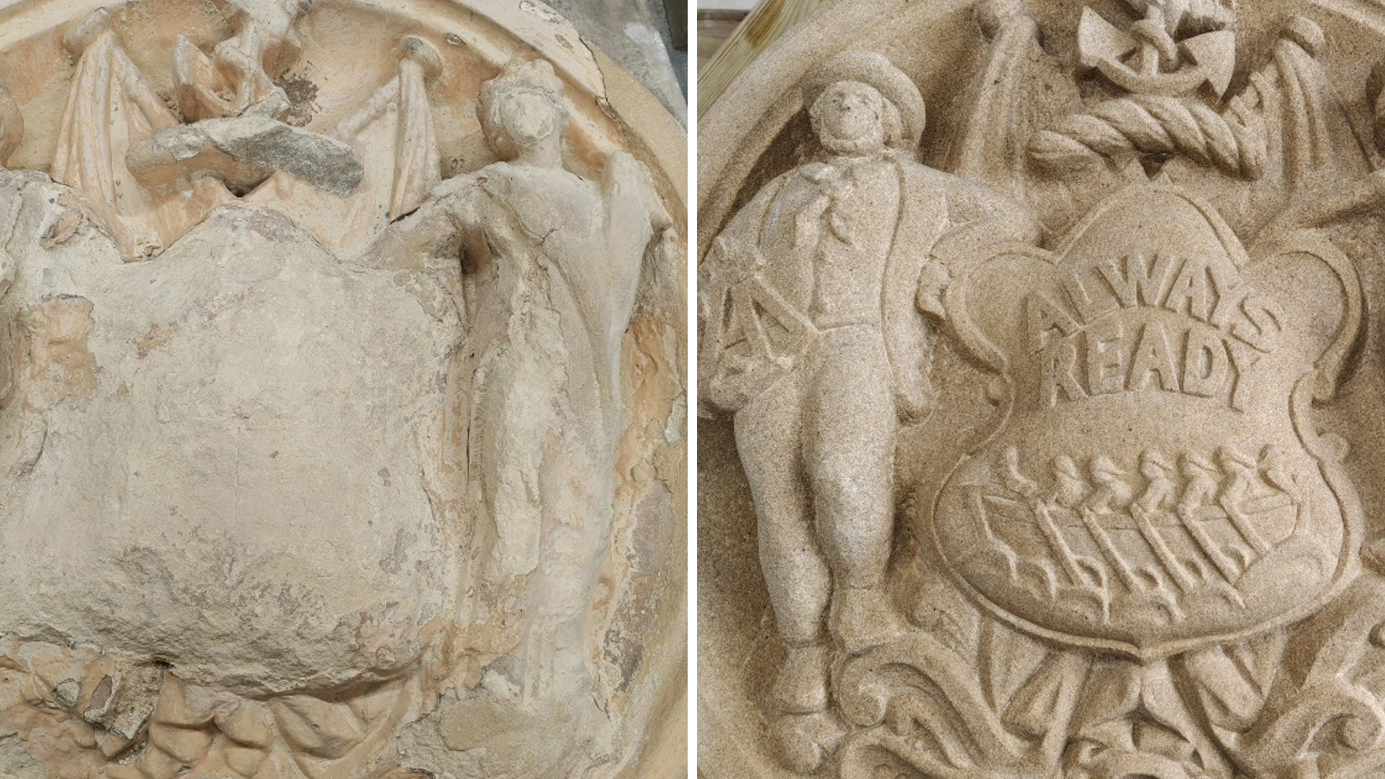 A side-by-side image of the old crest and the newly remade crest. On the left, the white stone model is weathered. One the right, the newly remade model is made of white stone. It has a man and a woman carved-in standing proudly over a sailing boat with the text: "Always ready" and "Courage Humanity Commerce"