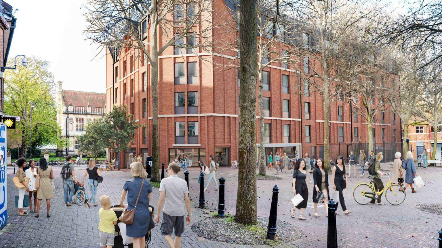 The visualised new building - view from busy Gloucester Green Market, with families walking children, people on bicycles and shoppers walking around. The City of Oxford High School for Boys could be seen across the street