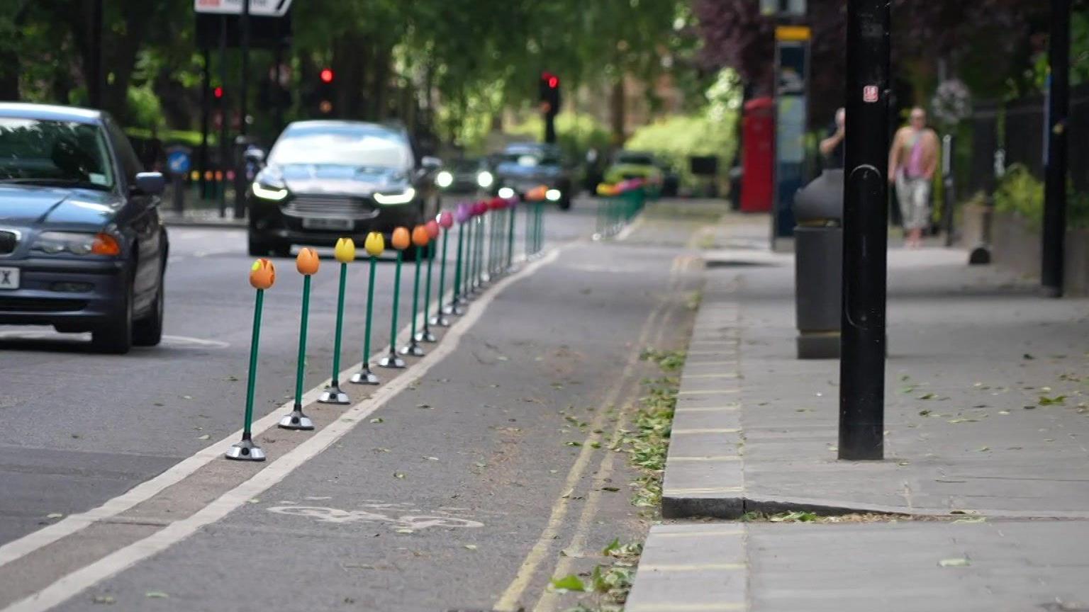 A view of the cycle lane with the new bollards in place