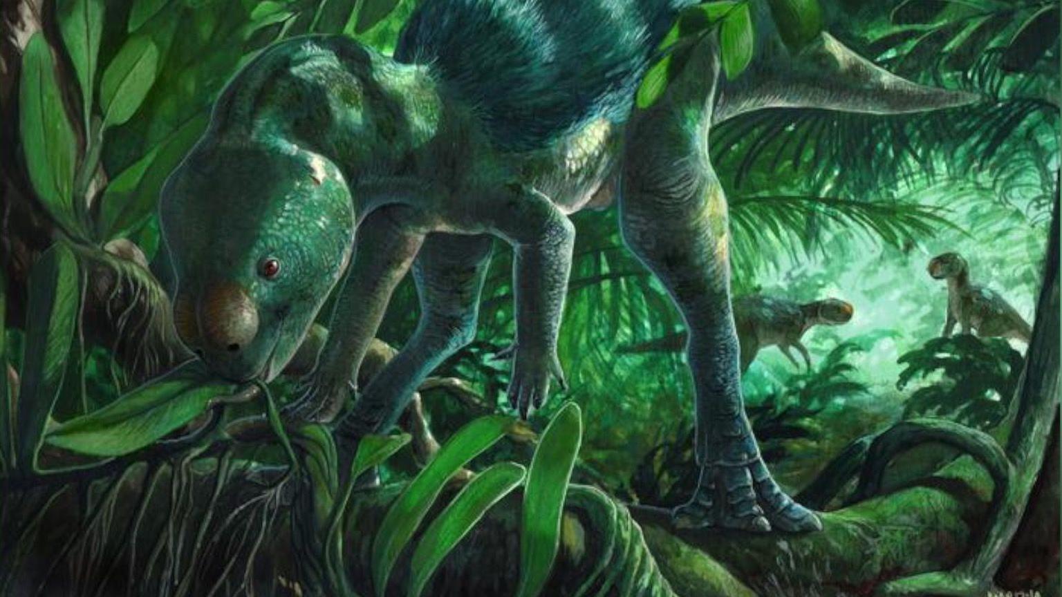 A sketch of a small green dinosaur stood on two legs in a forest as it leans forwards to eat a leaf