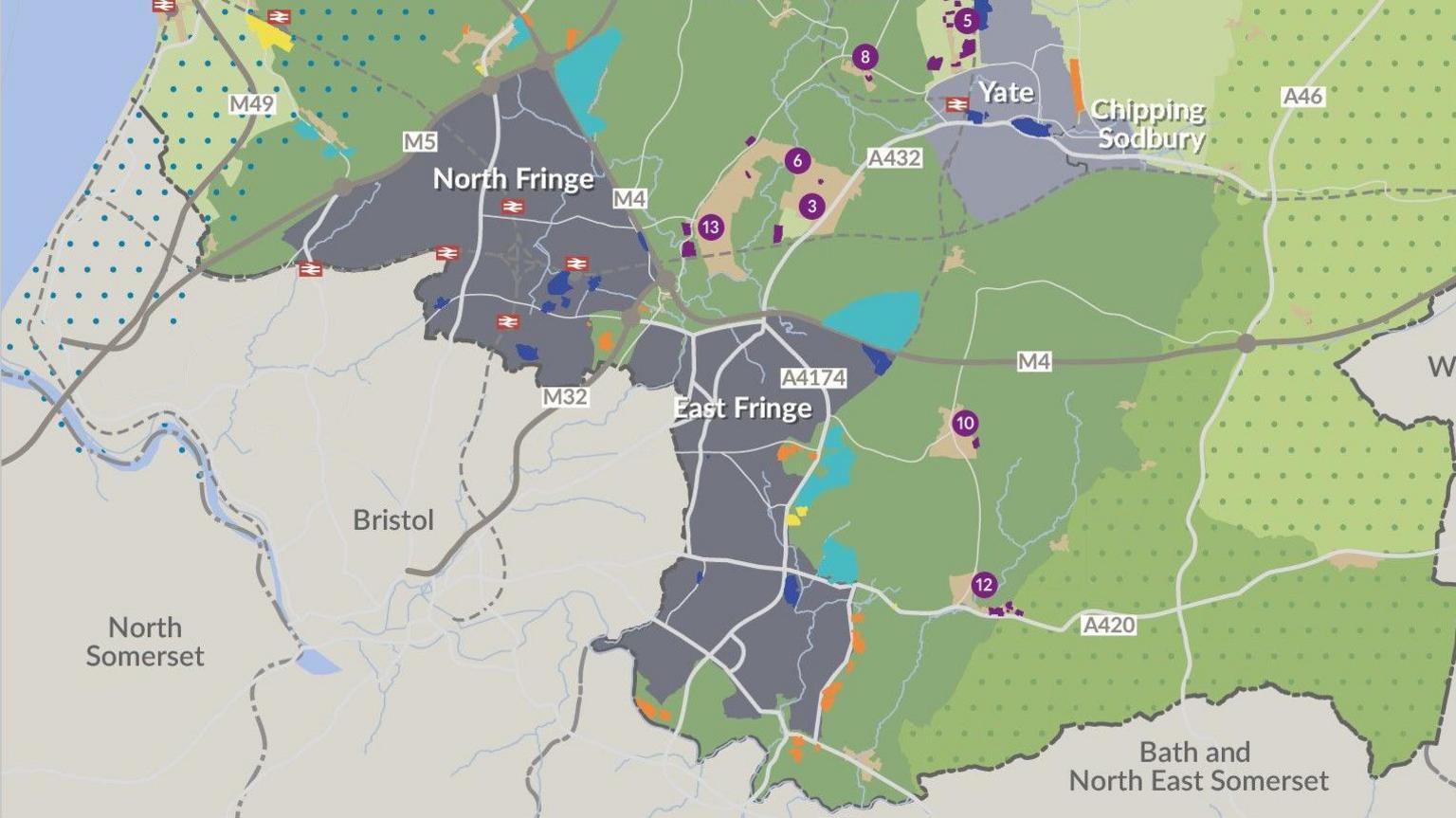 A map of Bristol and surrounding areas, with dark grey patches north and east of Bristol.