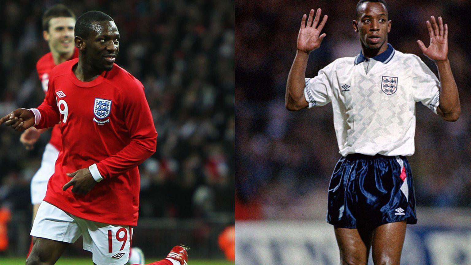 Shaun Wright-Phillips (left) playing in red for England during an international match. Ian wright (right) playing in white for England against Turkey in 1992.