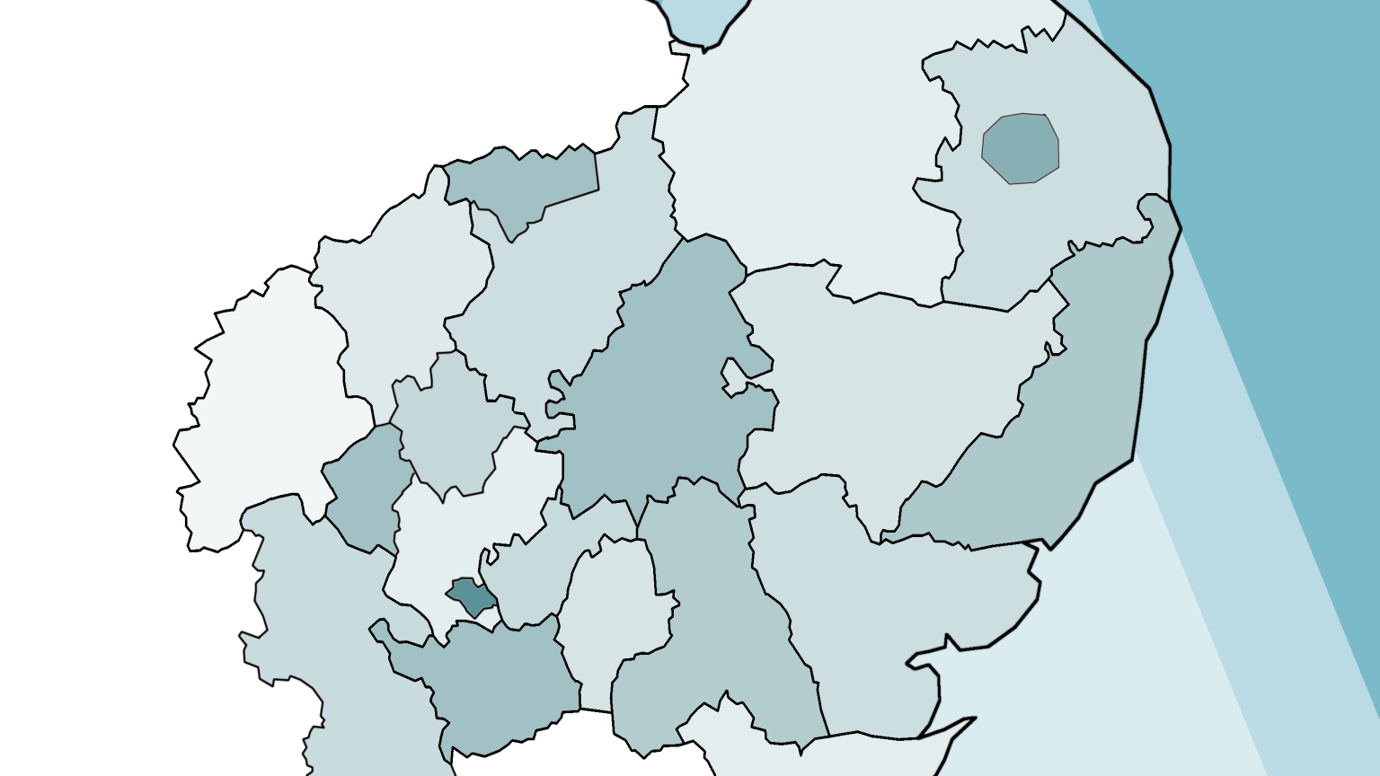 Map of east anglia showing what the new council boundaries could look like: with no more county councils but three unitary authorities in Norfolk, two in Suffolk, three for Essex, two for Cambridgeshire and  three for Hertfordshire. Northamptonshire, Bedfordshire and Buckinghamshire will keep their existing unitary authroities 