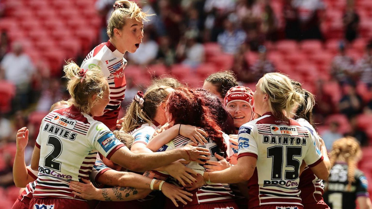 Wigan Warriors celebrate against St Helens in the 2026 Women's Challenge Cup final at Wembley